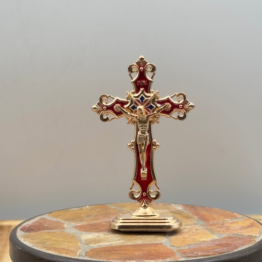 Crucifix Standing Cross Gold Red Enamel Metal Dashboard Altar 3in Religious Gift